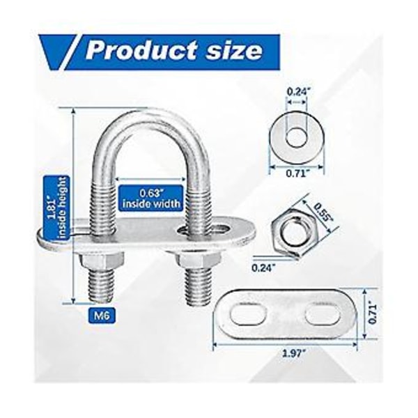 16 st Runda U-bultar 16 mm Innerbredd 46 mm Längd Förzinkat Stål M6 Rund Böjd U Med Mutter