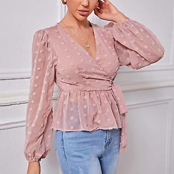 Langærmet V-hals Skjorte Schweiziske Prikker Elastiske Manchetter Flæsekant Slips Knude Wrap Top til Arbejde Date Pink XL