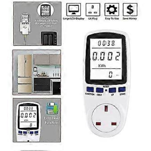 Elförbrukningsmätare, elmätare för strömförbrukning, energimätare med timer, watt Kwh-analysator, plug-in med LCD-display för hem och hotell