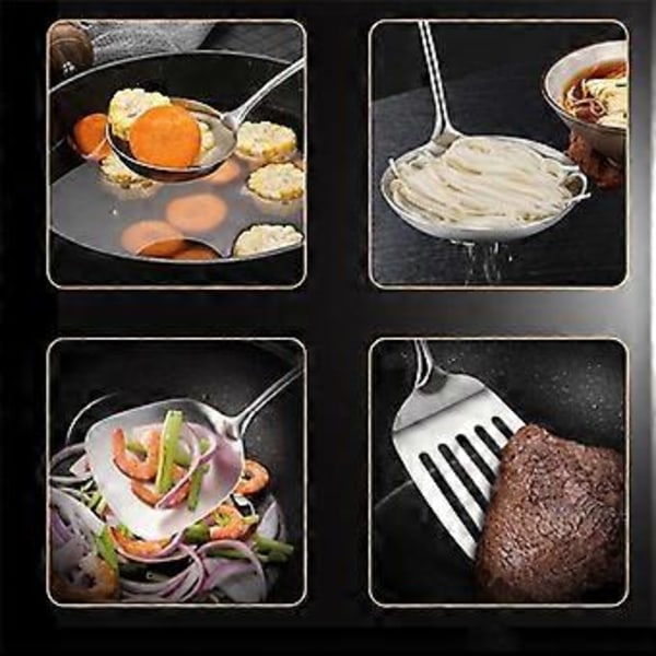 Langt Håndtak Rustfritt Stål Wok Spatel Kjøkken Slisset Snuverktøy Risskje Sleiv Kokeutstyr Redskapssett