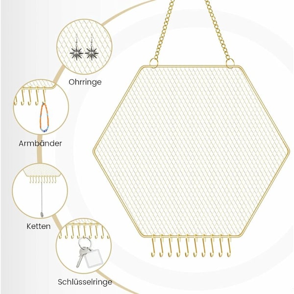 Hengende ørepyntorganisatorer for smykker, halskjeder, øredobber, armbånd, nøkkelringer 3026cm (gylden)