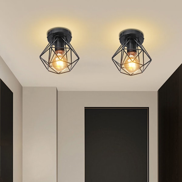 2 stk. Retro loftslampe i metal, geometrisk bur, loftslampe til indendørs brug, sort hængelampe