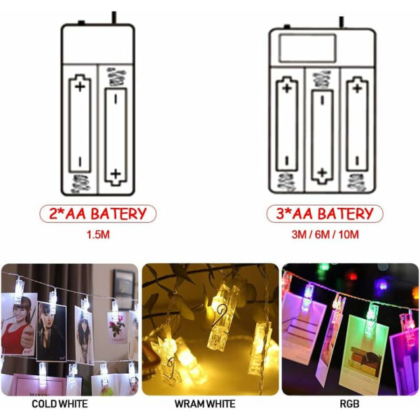 LED-fotoklämma ljusslinga, 40 upplysta värmeljushållare 6m batteridrivna julgransljus, perfekt för att hänga foton, anteckningar, målningsbar C