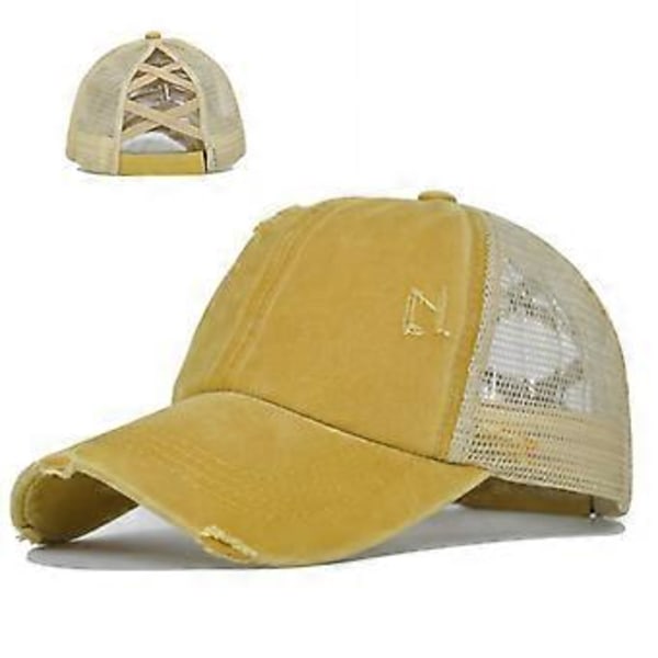 Strækbar kryds hestehale hat med flænset hestehale, vasket kryds hestehale mesh hat, dame flet hat