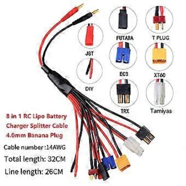 Åtte i Én RC Lipo Batterilader Splitter Kabel Adapter Kobling 4.0mm Plugg til JST T Plugg XT60 EC3 Futaba Tamiyas