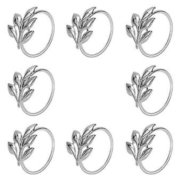 8 stk. Servietringe med blade, metal, sølv, servietholder, bordservietringe til spisebordsfester