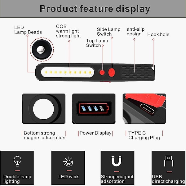 Oppladbar LED arbeidslampe, to-farget kombinasjonslys 2 i 1 inspeksjonslys og 3w COB LED lommelykt med dobbel magnet for auto garas