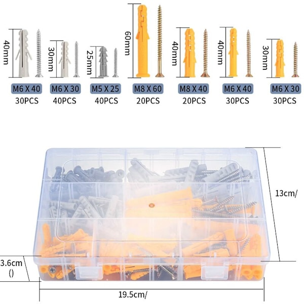 Vægpropper og skruer Pakke med 210 - 7 størrelser Hulmursankre med skruesæt - Murværk - Mursten - Betonvægmontering - Selvtæppende skruer og P