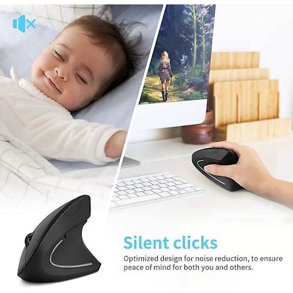 Trådløs mus, ergonomisk mus med USB-mottaker, 2,4 g oppladbar optisk vertikal mus med høy presisjon, optisk mus 1600 DPI, 6 knapper