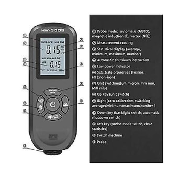 Digitaalinen pinnoitteen paksuusmittari 0,01 mm/1 mil paksuusmittari LCD-näytöllä ja kalibroinnilla