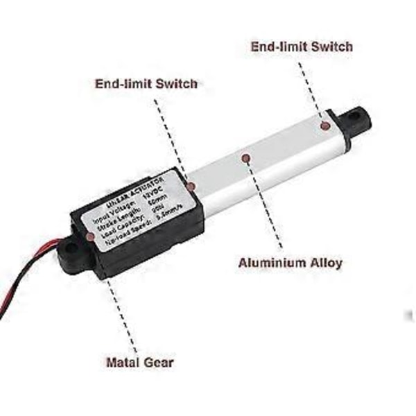 Mikro-lineær aktuator, 2 tommer slaglængde, 90N/20,3Lb, Hastighed 9,5 mm/S Elektrisk vandtæt aktuatormotor lineær aktuator 12V