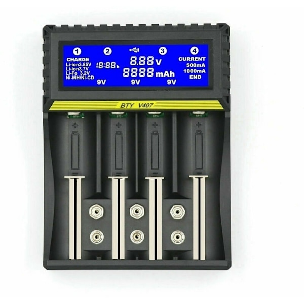 Batterioplader Multifunktionel Batterioplader BTY407 18650 Batteri Li-ion/Ni-MH/Ni-Cd/5 AA/7 AAA/9V Batterioplader,