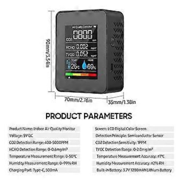 Bärbar Luftkvalitetsmätare Inomhus Co2 Detektor 5 I 1 Formaldehyd Hcho Tvoc Testare Lcd Temperatur