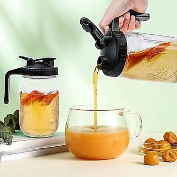 Mason Jar -kannet leveällä suulla, läppäkansi kahvalla, tiiviillä tiivisteellä ja helpolla kaatonokalla, uudelleenkäytettävä
