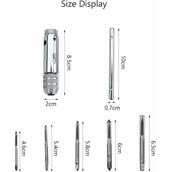 6 stk T-bar skralle tappholder håndtak justerbar tappnøkkel med M3-M8 gjenge reversibel skralle tappholder med 5 stk venstre håndsving håndverktøysett