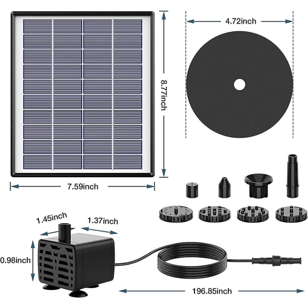 Solcellsfontänpump 6,5 W Inbyggt batteri 1500 mAh, Solcellsfontän Vattenpump Flytande med 6 munstycken, för fågelbad, akvarium,