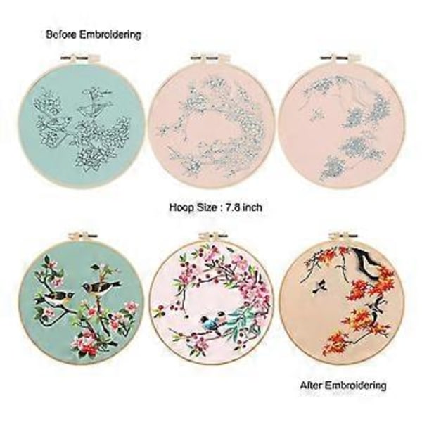 3-pack Broderikit för Nybörjare, Kit för Vuxna Inkluderar 3 Broderityger med Fågelmönster