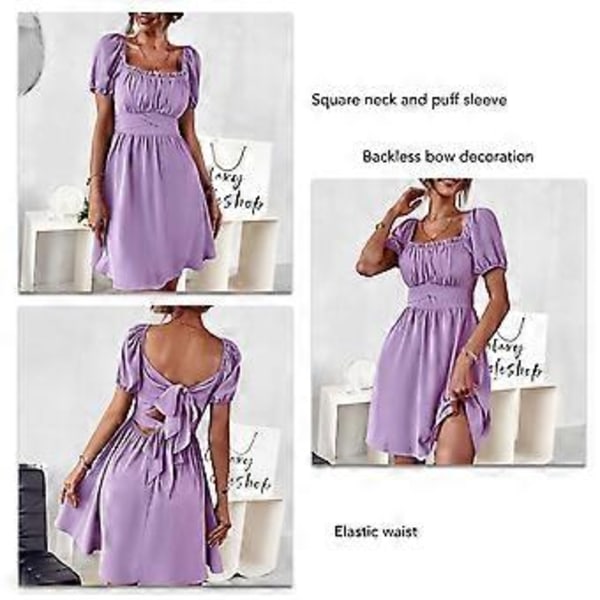 Tyylikäs violetti rypytetty mekko - muodikas solmittava selkä, puffihihat, A-linjainen, neliöpääntie, lyhyt kesämuoti, XL