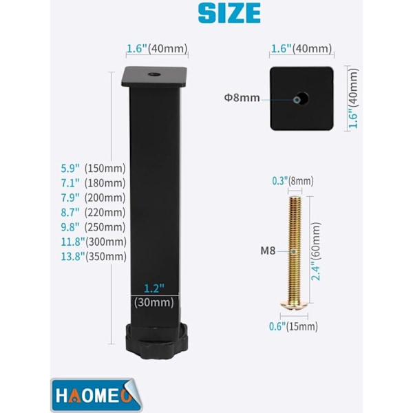 Svart sengfot, føtter for universell spilebunn Høyde: 15 cm (+2 cm) justerbar, 15-35 cm Valgfritt Materiale: Metall Firkant: 3x3 cm For rammer med bolt M