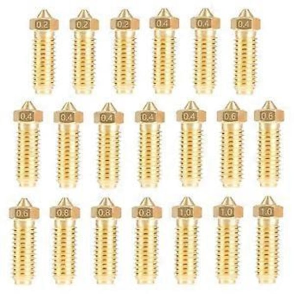 20 stk. Messingdyser Kit til 3, 3D Printer 8 stk. 0,4 mm og 3 stk. 0,2 mm, 0,6 mm, 0,8 mm, 1,0 mm Dyser Kit