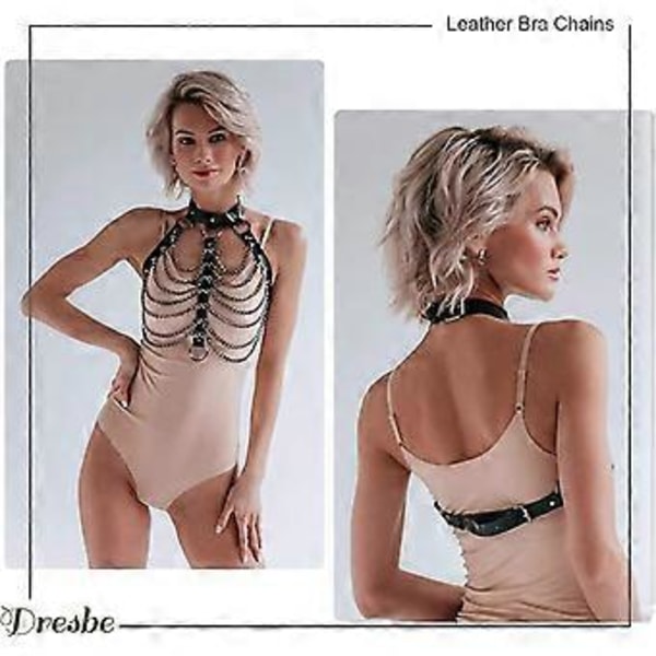 Punk Lagerad Kroppskedja Svart Läder BH Bur Harness Choker BH Kedjor Gotisk