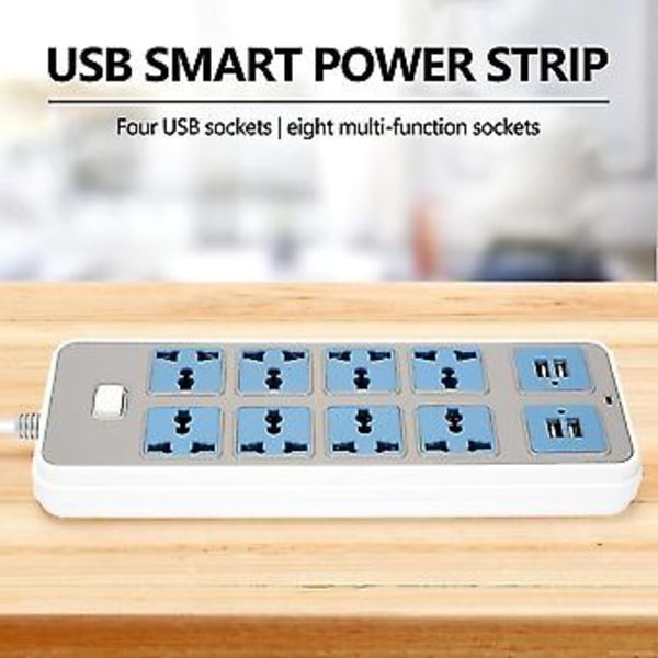 Virtapistoke 4 USB-liitännällä, 3000W, 8 yleispistorasiaa, 2 metrin johto, EU-pistoke