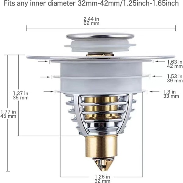 Universal pop-up vaskprop med anti-tilstopningsfilter (32 til 42 mm)