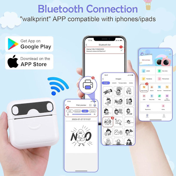 Mini-tarratulostin, Bluetooth-valokuvatulostin, yhteensopiva iOS- ja Android-laitteiden kanssa, opiskeluun, muistiinpanoihin, kuviin, valokuviin, päiväkirjoihin, musteeton