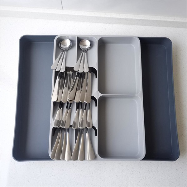 Kitchen Drawer Organizer Tray For Silverware Cutlery Utensils And Gadgets, Expandable, Gray