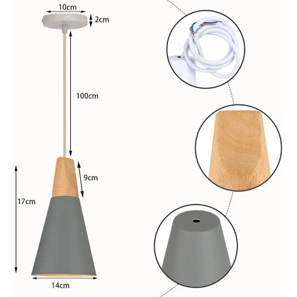 Moderne enkel loftslampe i metal og træ - Justerbar DIY-pendellampe i grå - 2 stk.