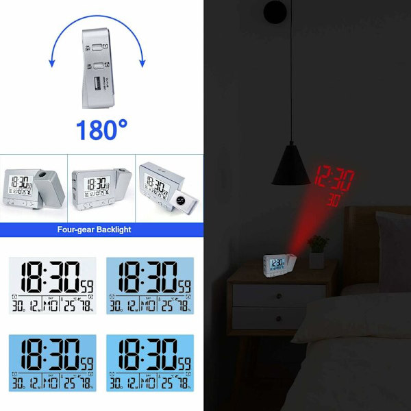 Projektionsväckarklocka, Projektor Klocka LED Display Projektionsklockor Rotera Väckarklocka med Bakgrundsbelysning och Snooze-funktion för Hem Sovrum