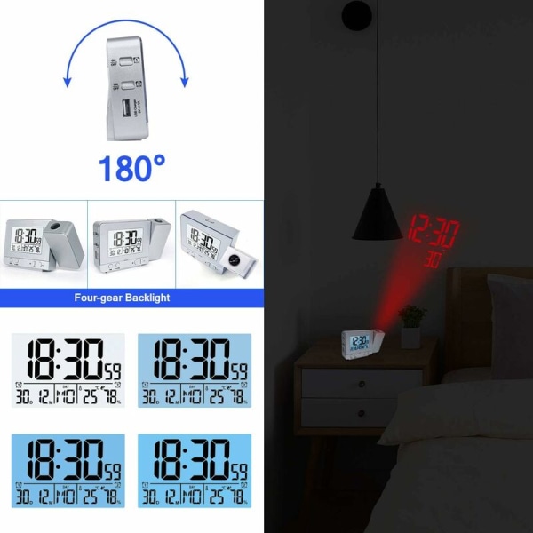 Projektor Vekkerklokke, Projektor Klokke LED Display Projektor Klokker Roterende Vekkerklokke med Bakgrunnsbelysning og Snooze-funksjon for Hjem Soverom