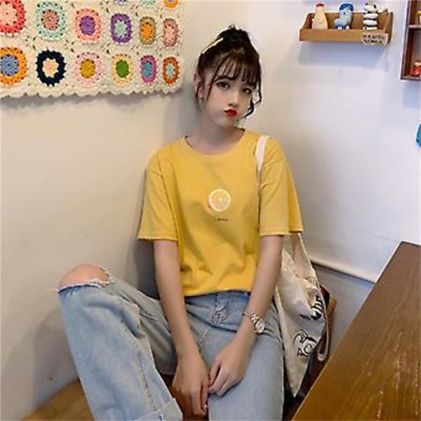 Fruktmönstrad T-shirt Dam Lös Studentmode Polyester Kortärmad för Sommar Gul XL