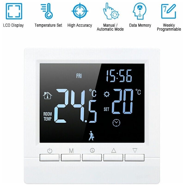 Elektrisk varme termostat, manuel knap 16A, negativt display, ingen Wifi