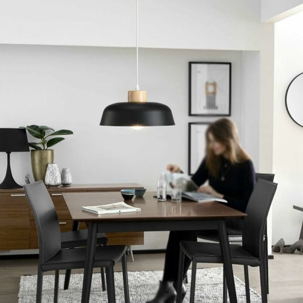 Moderne E27 loftslampe nordisk enkel pendellampe i træ og metal sort