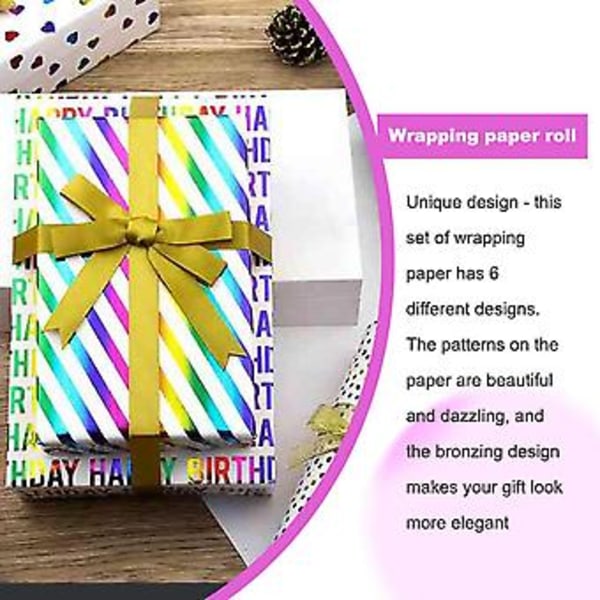 6 st Presentpapper, flerfärgat färgglatt omslagspapper för barn kvinnor män, födelsedag eller