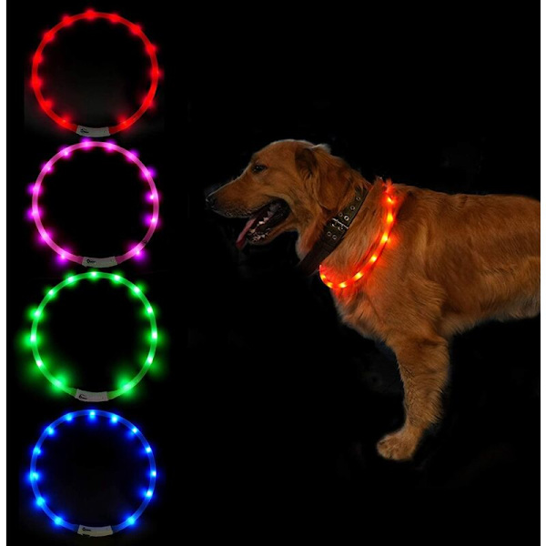 USB-ladattava LED-koiranpanta pienille, keskisuurille ja suurille koirille, 70 cm, säädettävä pituus, 3 tilaa punainen