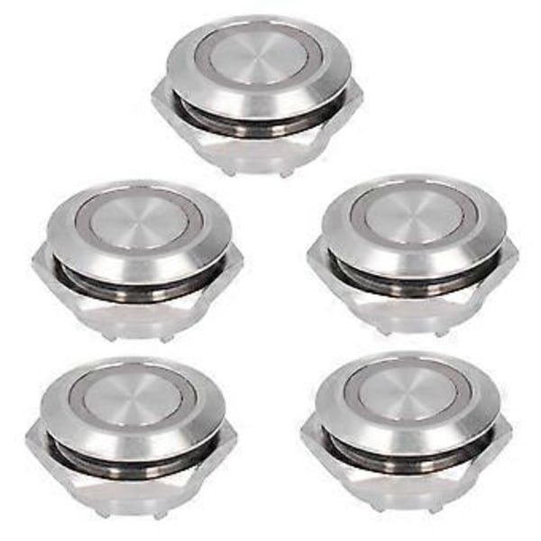 5 stk. Momentan trykknappbryter Metall Auto Reset Ultratynn Vanntett med LED 19mmAC220V Gul