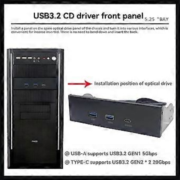 USB-etupaneeli PC:lle, 2 porttia USB 3.2 GEN1 5 Gbps + 1 portti TYPE-C 10 Gbps/20 Gbps -keskitin pöytäkoneen 5,25 tuuman levykeasemaan
