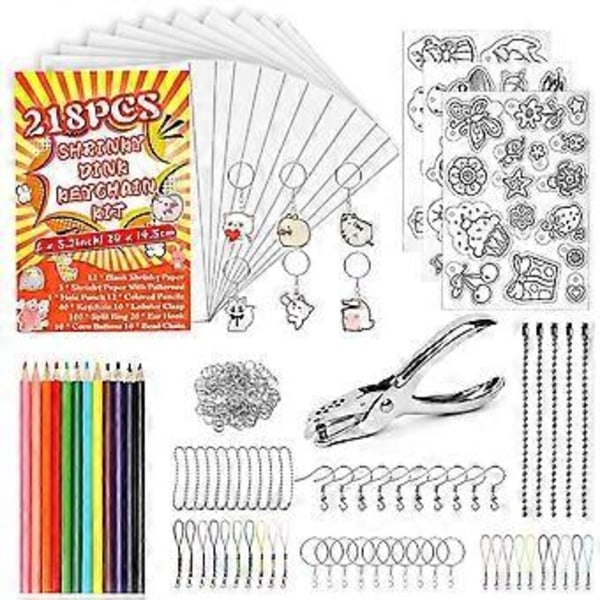 218PCS Shrinky-Dink Nøgleringssæt med 12PCS Shrinky Ark, 3PCS Shrinky-Dink Papir med Mønster, Farvede Blyanter