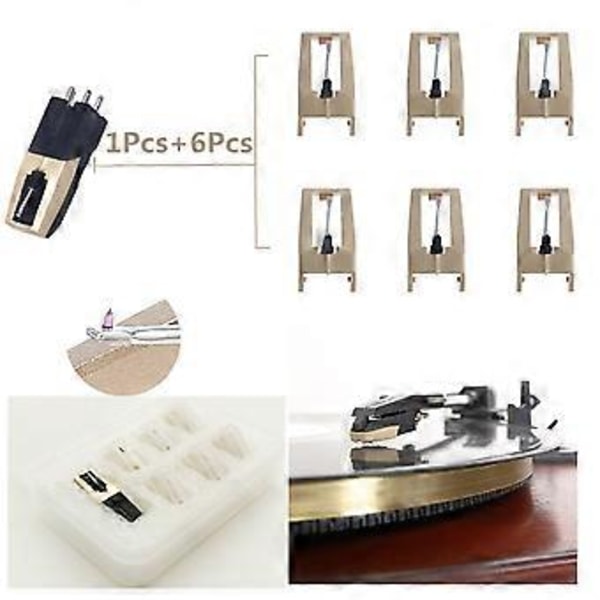 Platespillernål, 1 stk. Platespillerhus med 6 erstatnings diamantstyluspenner for Crosley, ION, for LP, Phono