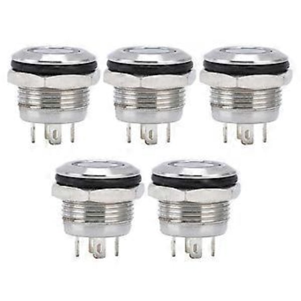 5 stk. Knapkontakt Rustfrit Stål Flad Top Knap med LED Selv Nulstilling Strømtilbehør 12mmDC3‑6V Hvid