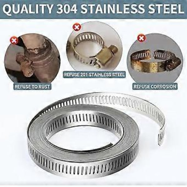 304 Rostfria Stål Slangklämmor - för DIY, Klipp-Till-Passform 5,94 m Rem + 15 Fästelement Kit Justerbara Maskskruvband Kanal
