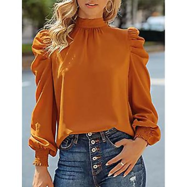 Dam Långärmad Puffärm Topp Skjorta Trendig Elegant Lös Casual Enfärgad Höghalsad Blus för Arbete Orange M