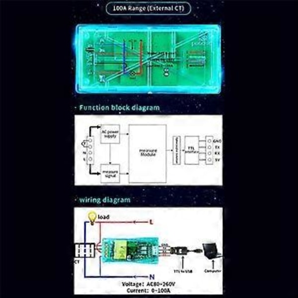 100A PZEM 004T 3.0 Wattimittari+Kotelo+Suljettu CT Kwh Mittari Voltti Ampeeri Virta Testausmoduuli TTL COM2/COM3/COM4:lle
