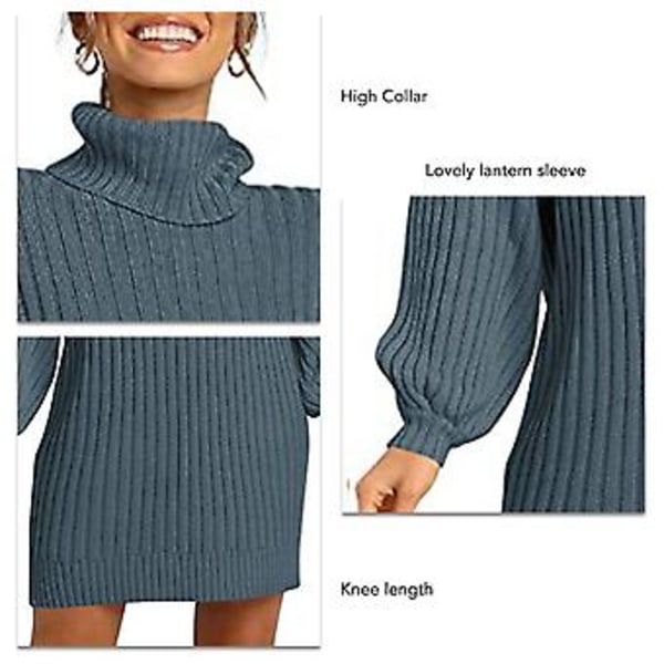 Genserkjoler Høy Krage Lange Lanternermer Pullover Casual Løs Kjole for Kvinner Disblå M