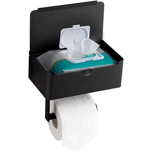 Toiletpapirholder med opbevaring til engangsservietter Dispenser og hylde, Toiletpapirholder Sort