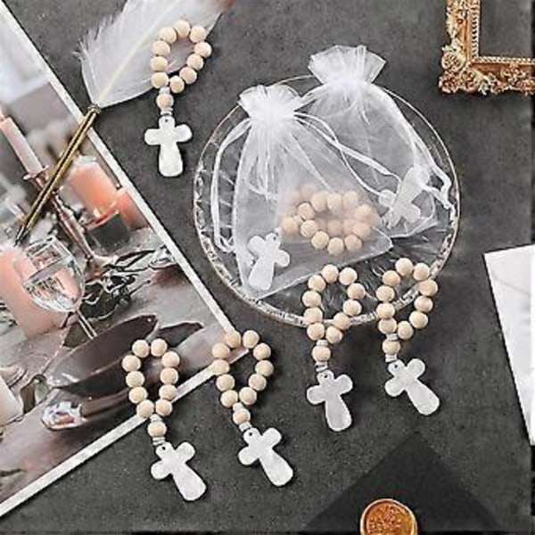 36 stk. Rosenkrans i tre med hvite nettingposer for dåp, første kommunion, konfirmasjon, babyshower, brudedusj