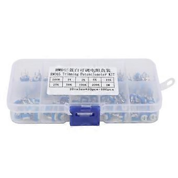 100 stk. Variabel Modstandstrimmer Potentiometer Pot Elektronisk Komponent RM065 Blå Hvid