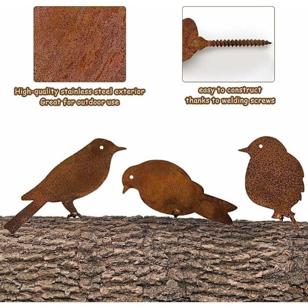 4 stk. Rusty Birds Dekoration, med skrue til at skrue i træ, naturtro patina metalfugle havepynt silhuet simulering fuglefigur